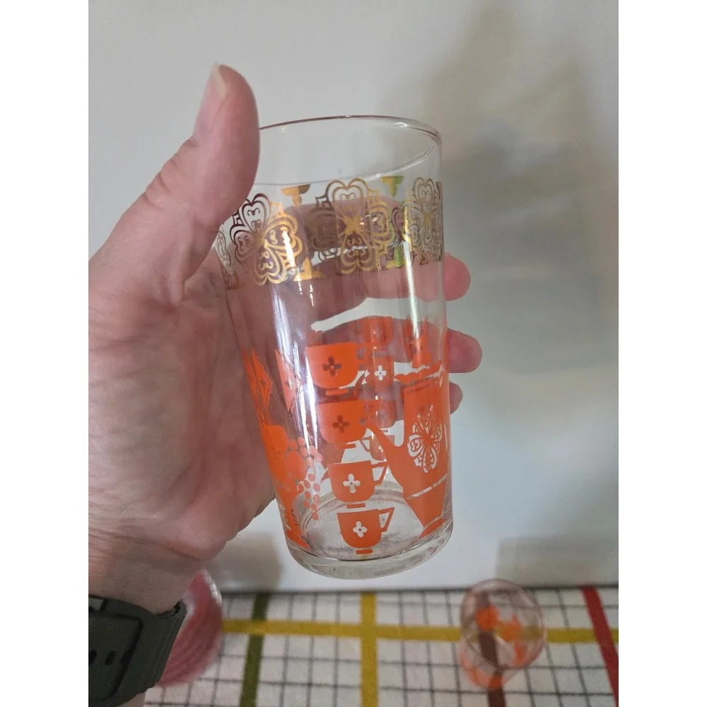 Vintage MCM Orange Gold Coffee Pot Teacup Drinking Glasses Set of 2 Retro 5 Inch